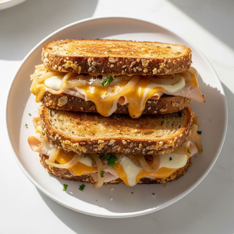 Triple-Decker Three-Cheese Grilled Sandwich with Caramelized Onions