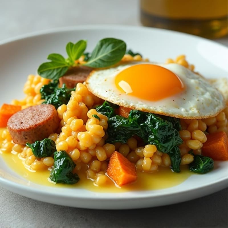 Egg White and Turkey Sausage Scramble with Sautéed Spinach and Roasted Sweet Potatoes