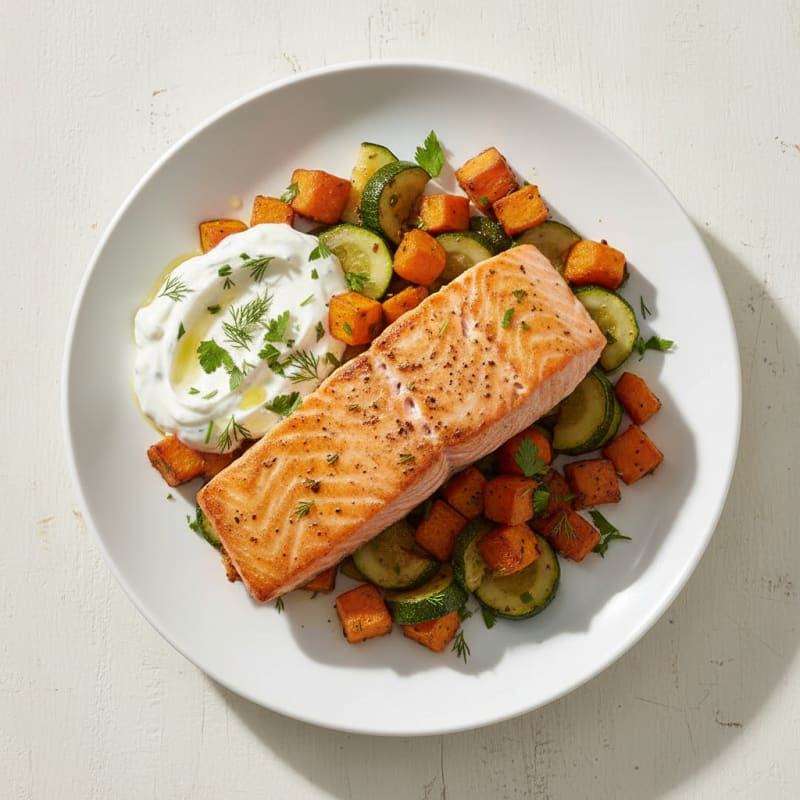 Pan-Seared Salmon with Roasted Sweet Potato and Zucchini