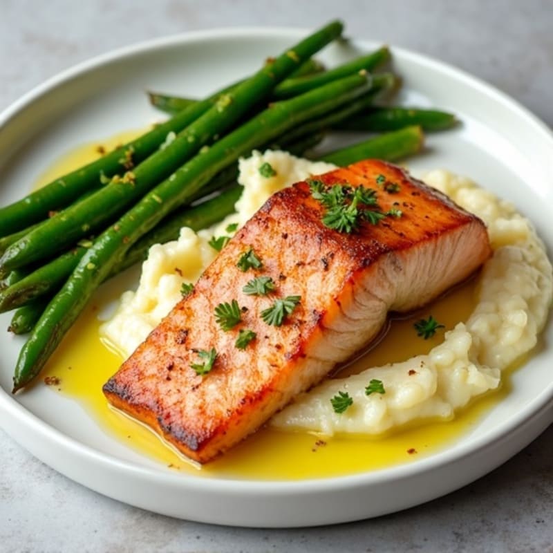 Seared Salmon with Garlic Green Beans and Cauliflower Mash