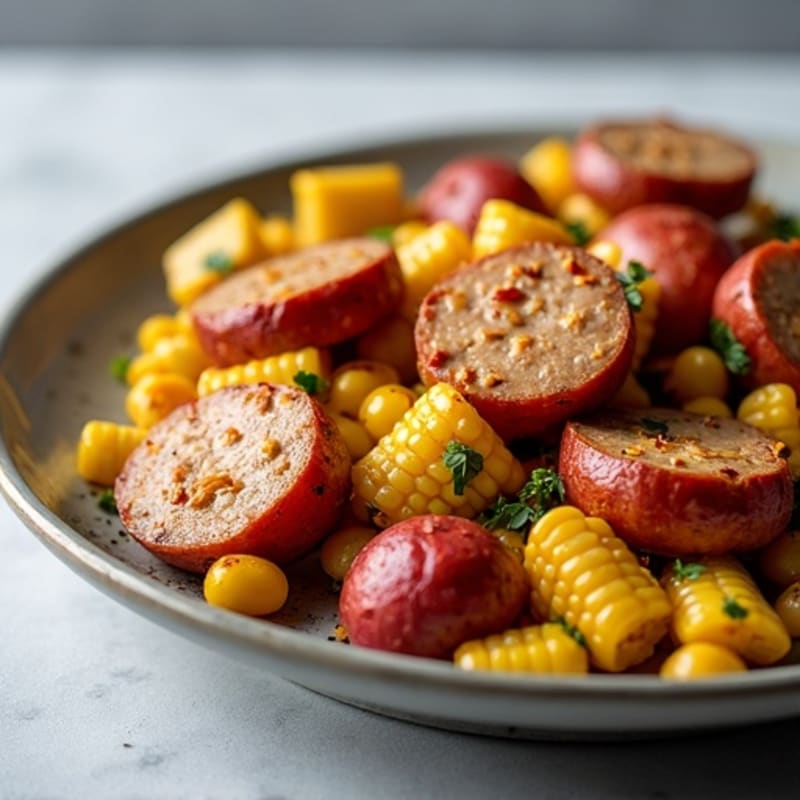 Sheet Pan Spicy Crab and Lean Sausage with Roasted Potatoes and Corn