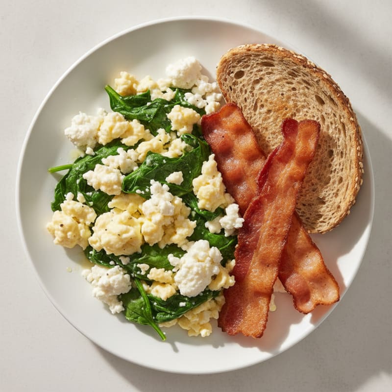 Cottage Cheese Egg Scramble with Spinach and Turkey Bacon