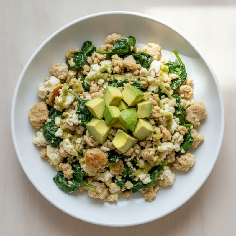 Egg White and Turkey Sausage Scramble with Sautéed Spinach