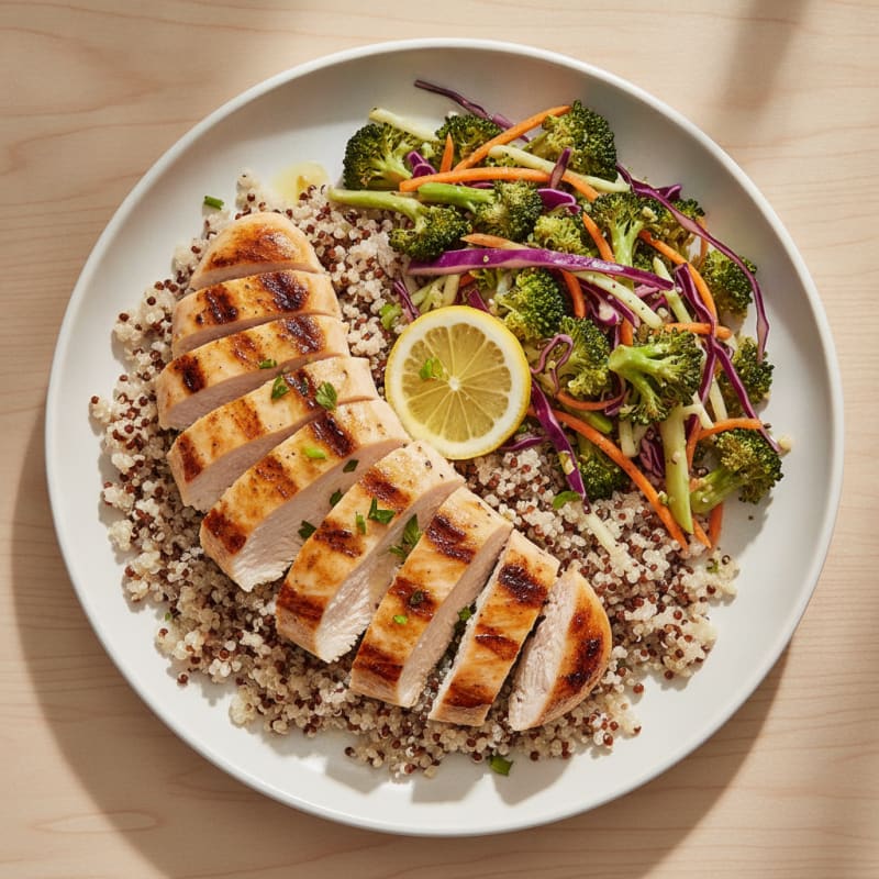 Grilled Chicken Breast with Quinoa and Crunchy Broccoli Slaw