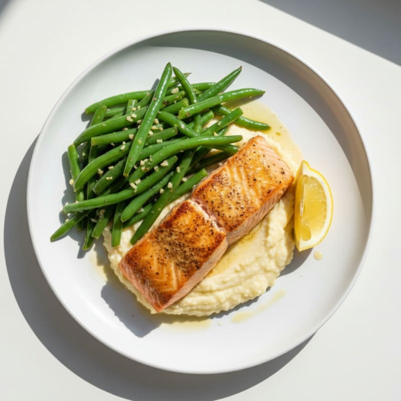 Seared Salmon with Garlic Green Beans and Cauliflower Mash