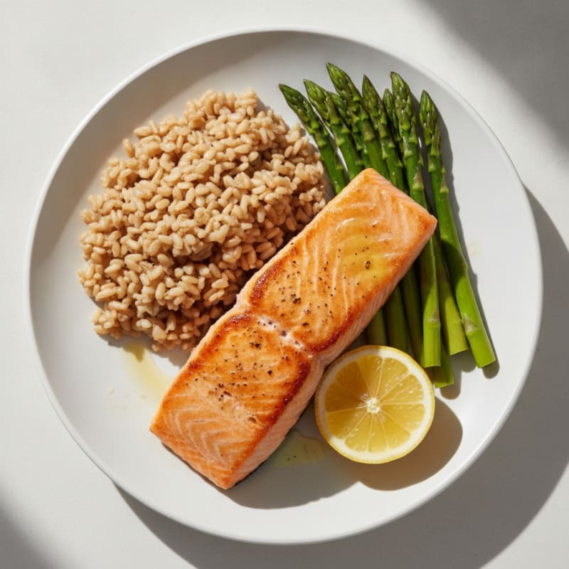 Seared Salmon Fillet with Steamed Asparagus and Brown Rice