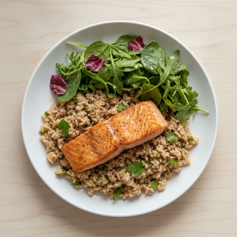 Seared Salmon with Herb Rice and Mixed Greens Salad