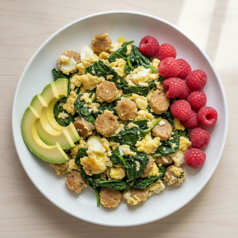 Egg White and Turkey Sausage Scramble with Sautéed Spinach