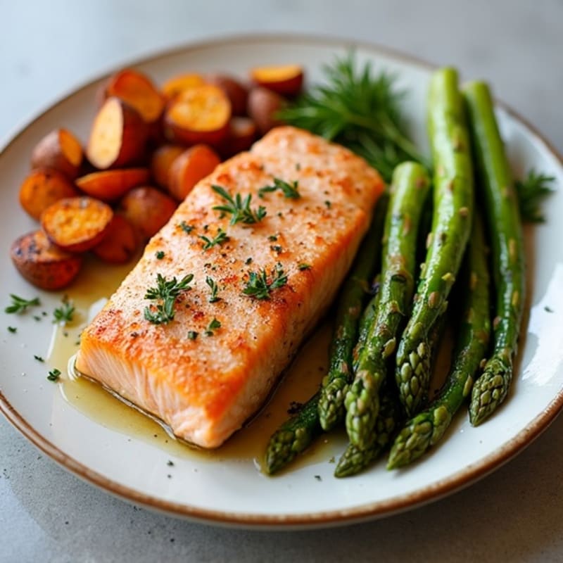 Sheet Pan Roasted Salmon with Crispy Asparagus and Sweet Potatoes