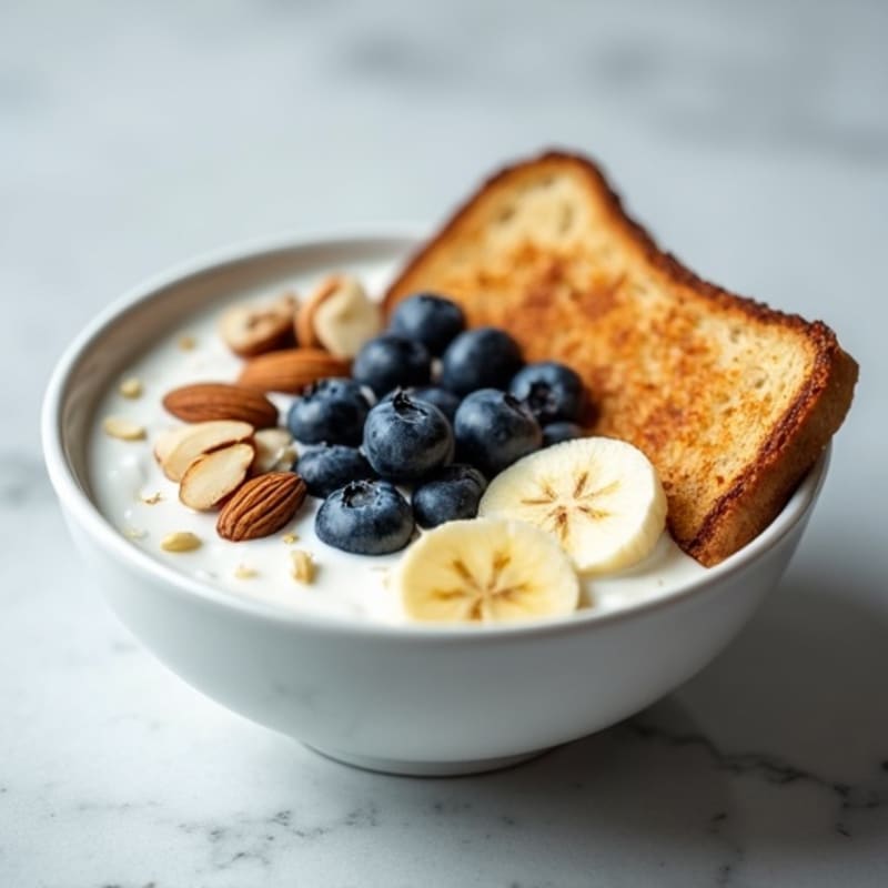 Greek Yogurt Bowl with Blueberries, Banana, Almonds and Sourdough Toast