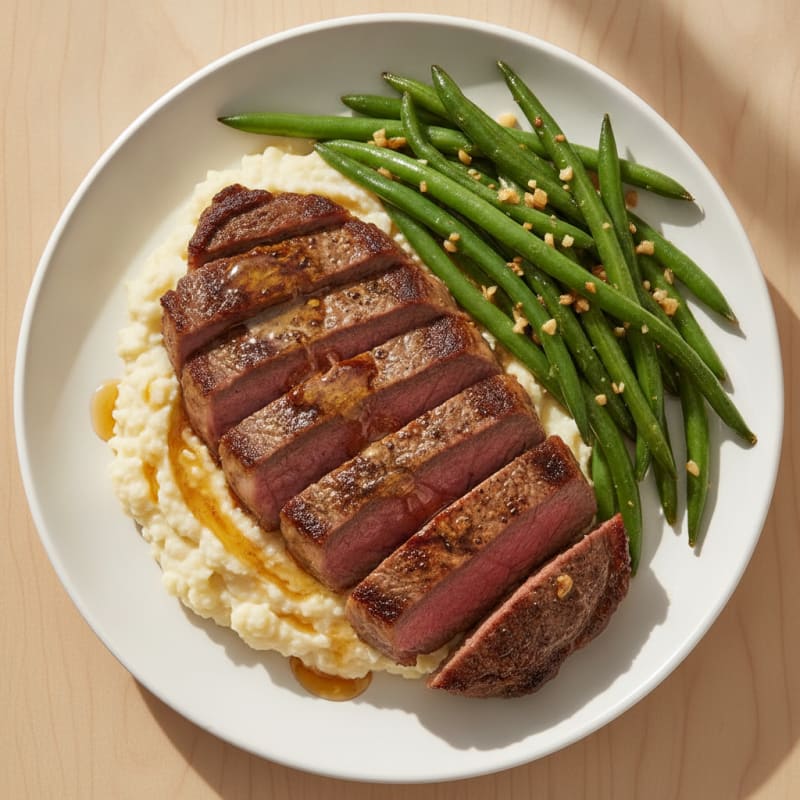 Seared Sirloin Steak with Garlic Green Beans and Mashed Cauliflower