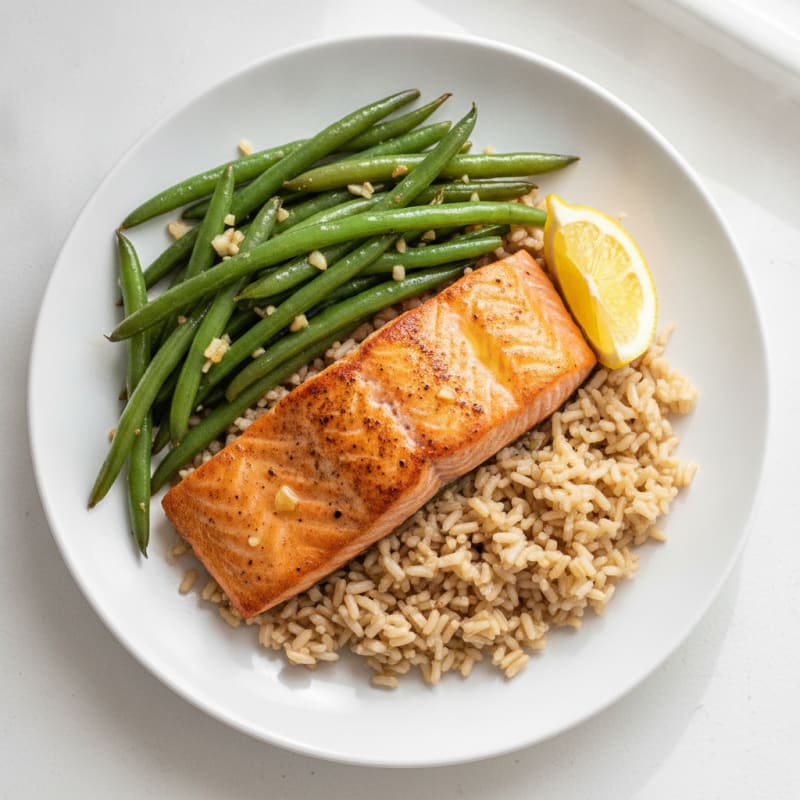 Seared Salmon Fillet with Garlic Green Beans and Brown Rice