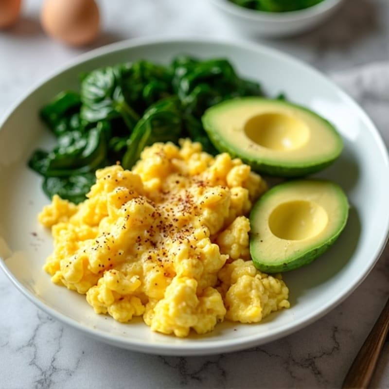 Creamy Scrambled Eggs with Sautéed Spinach and Avocado