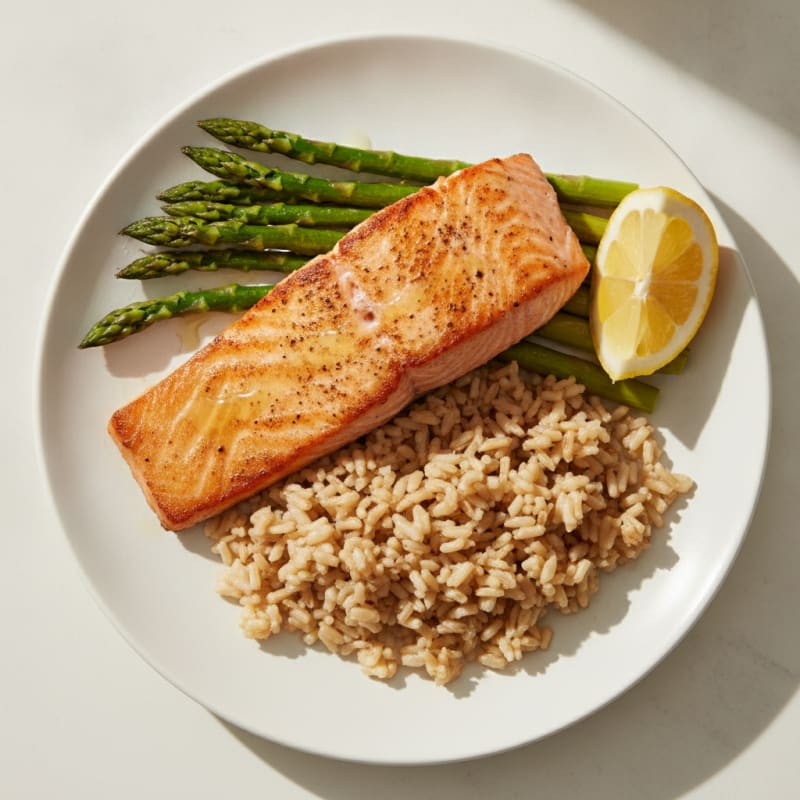 Seared Salmon Fillet with Steamed Asparagus and Brown Rice