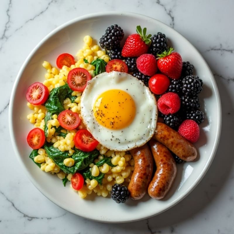 Egg White Veggie Scramble with Turkey Sausage and Fresh Berries