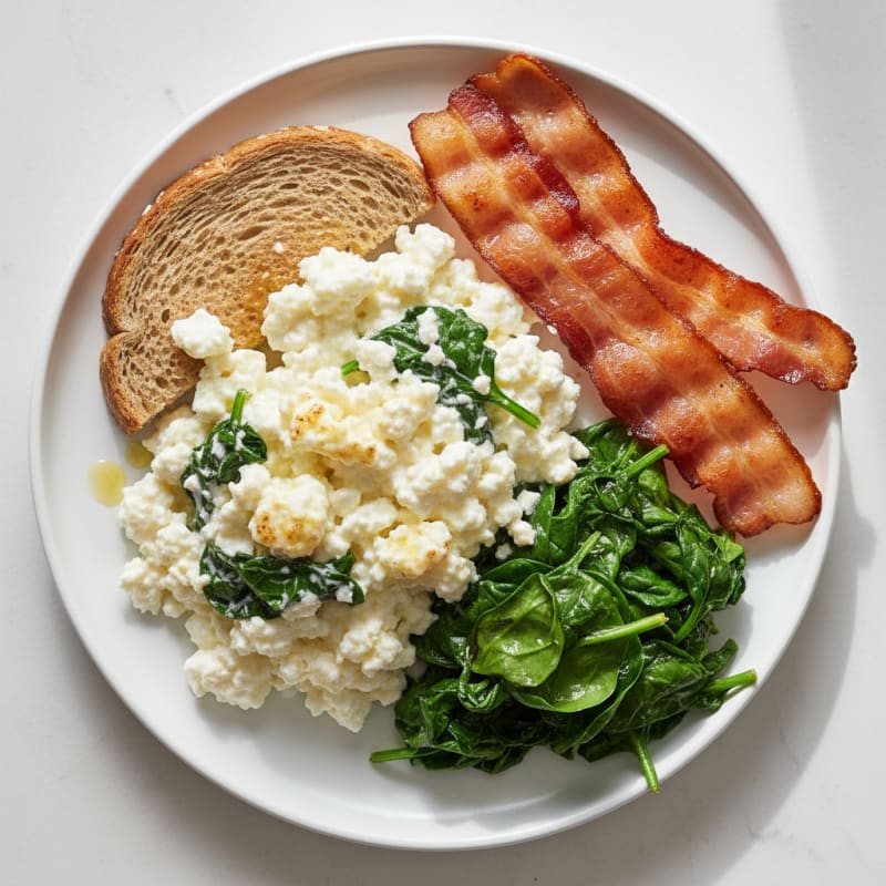 Cottage Cheese Egg White Scramble with Sautéed Spinach and Turkey Bacon