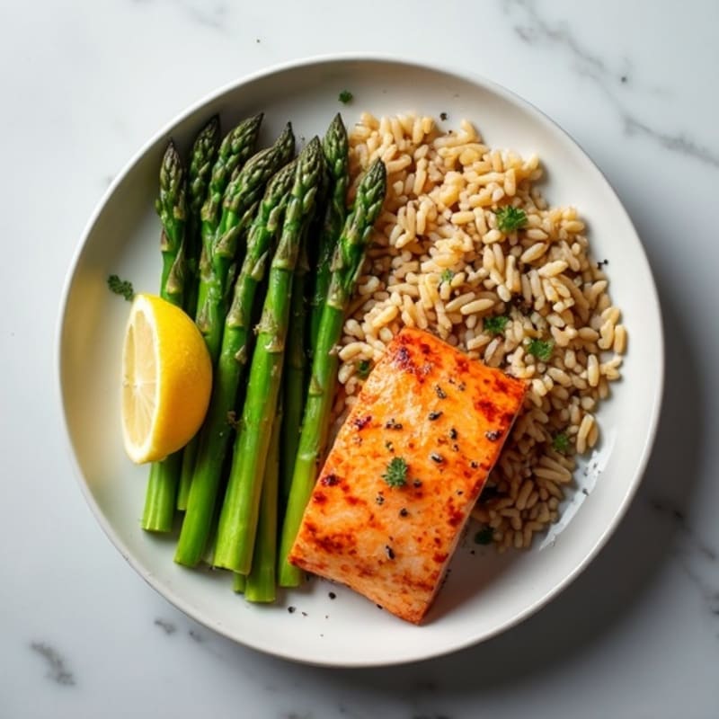 Seared Salmon with Steamed Asparagus and Brown Rice