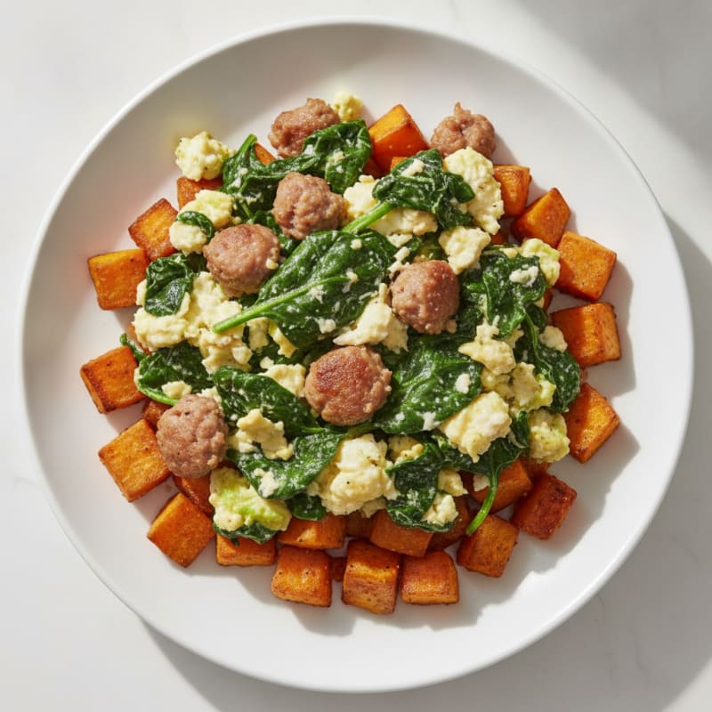Egg White and Turkey Sausage Scramble with Spinach and Roasted Sweet Potato