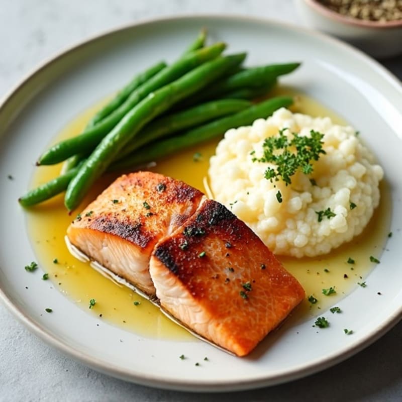 Seared Salmon with Garlic Green Beans and Cauliflower Mash