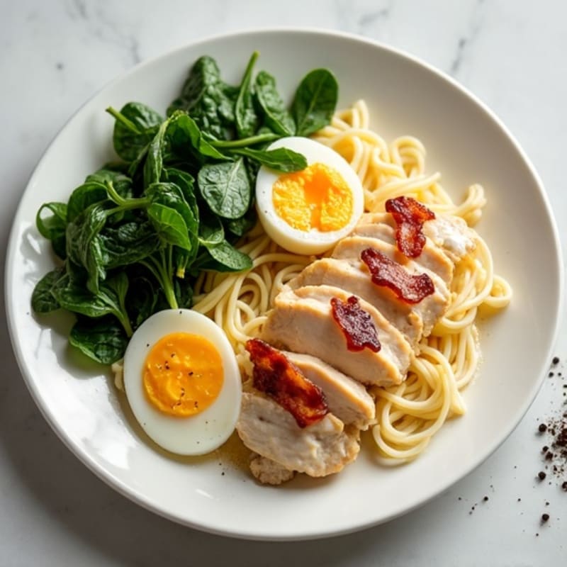 Creamy Chicken and Turkey Bacon Carbonara with Fresh Spinach
