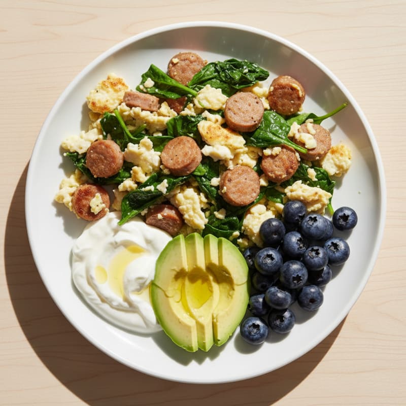 Egg White Spinach Scramble with Turkey Sausage and Greek Yogurt