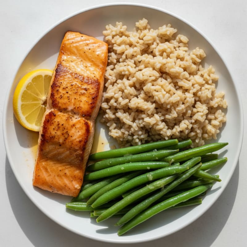 Seared Salmon with Steamed Green Beans and Brown Rice