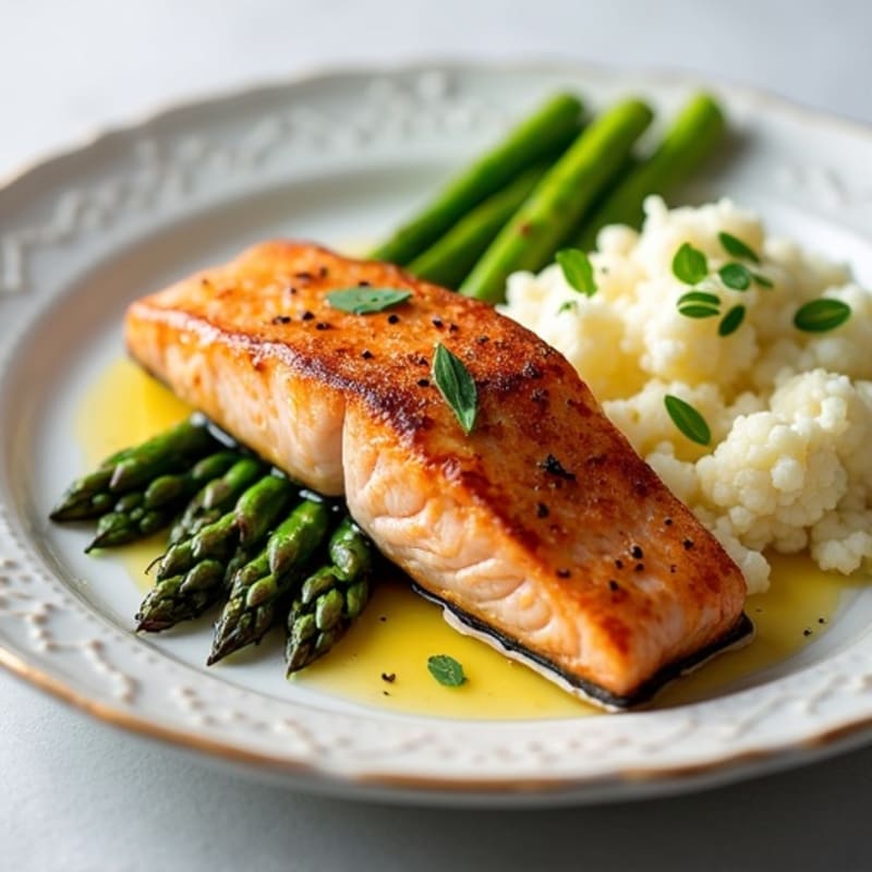 Seared Salmon with Steamed Asparagus and Garlic Mashed Cauliflower