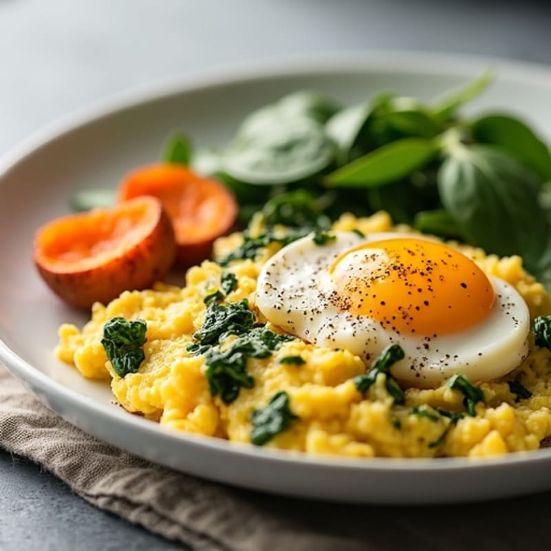 Fluffy Scrambled Eggs with Fresh Spinach and Roasted Sweet Potatoes