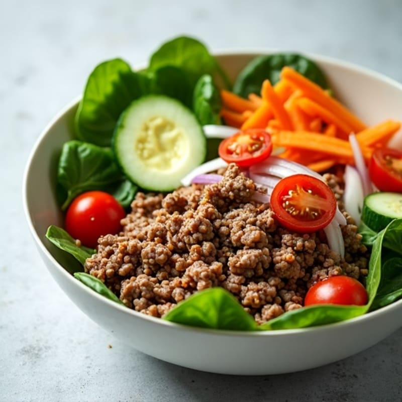 Lean Ground Beef Bowl with Creamy Tangy Dressing and Crisp Veggies