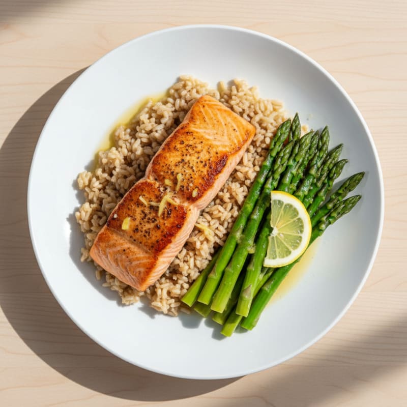 Seared Salmon with Steamed Asparagus and Brown Rice