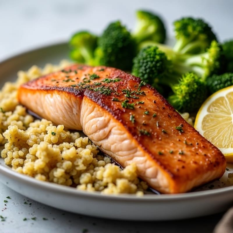 Seared Salmon with Roasted Broccoli and Quinoa