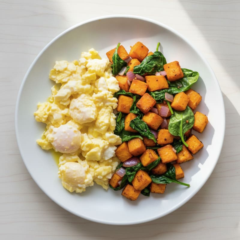 Scrambled Eggs with Spinach and Sweet Potato Hash