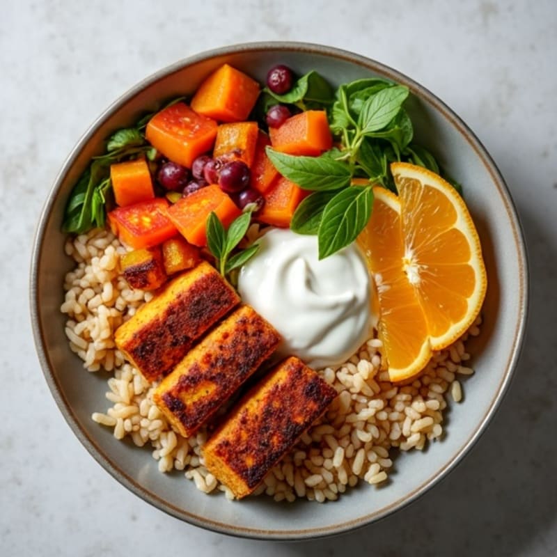 Crispy Tofu Rice Bowl with Roasted Vegetables