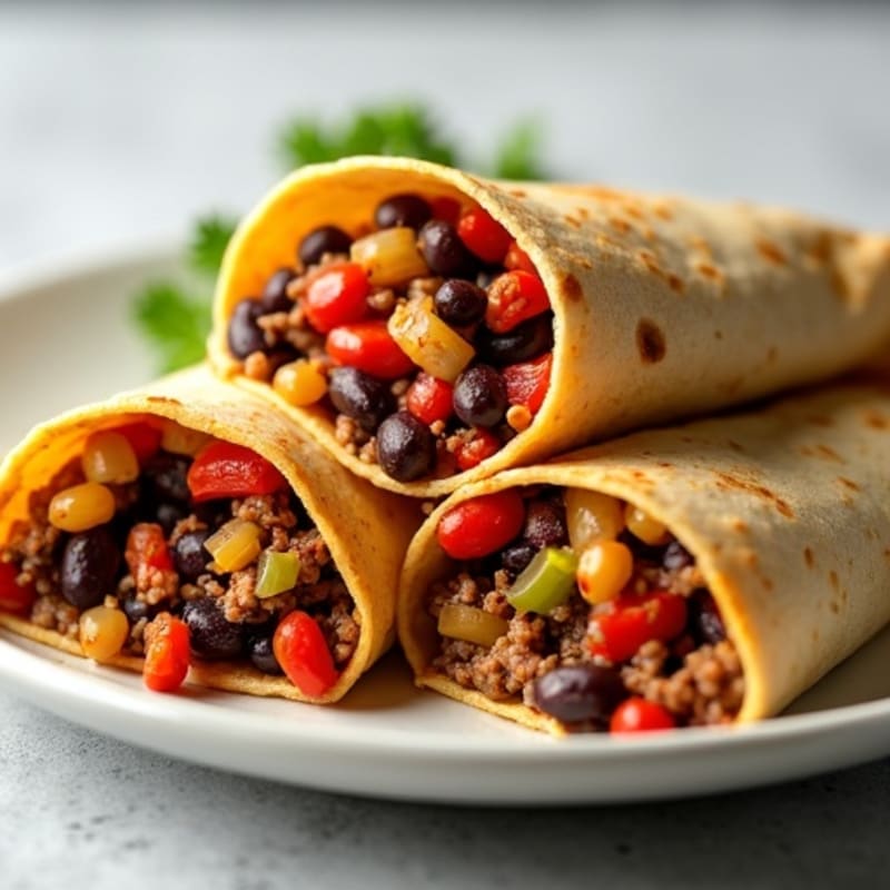 Hearty Cheesy Beef and Bean Baked Wraps