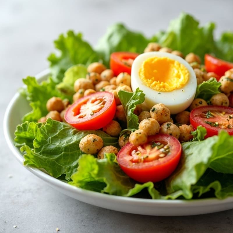 Crispy Romaine Salad with Cherry Tomatoes, Hard-Boiled Egg, Shredded Cheese and Herb Croutons