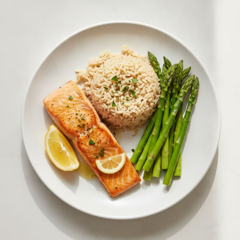 Seared Salmon with Steamed Asparagus and Brown Rice
