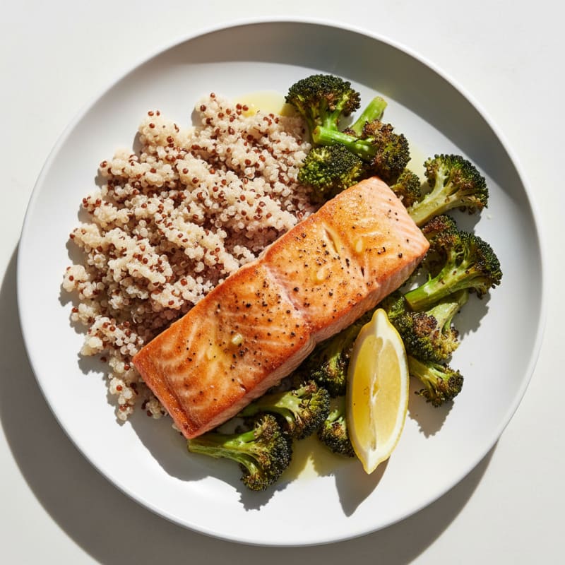 Seared Salmon with Roasted Broccoli and Quinoa