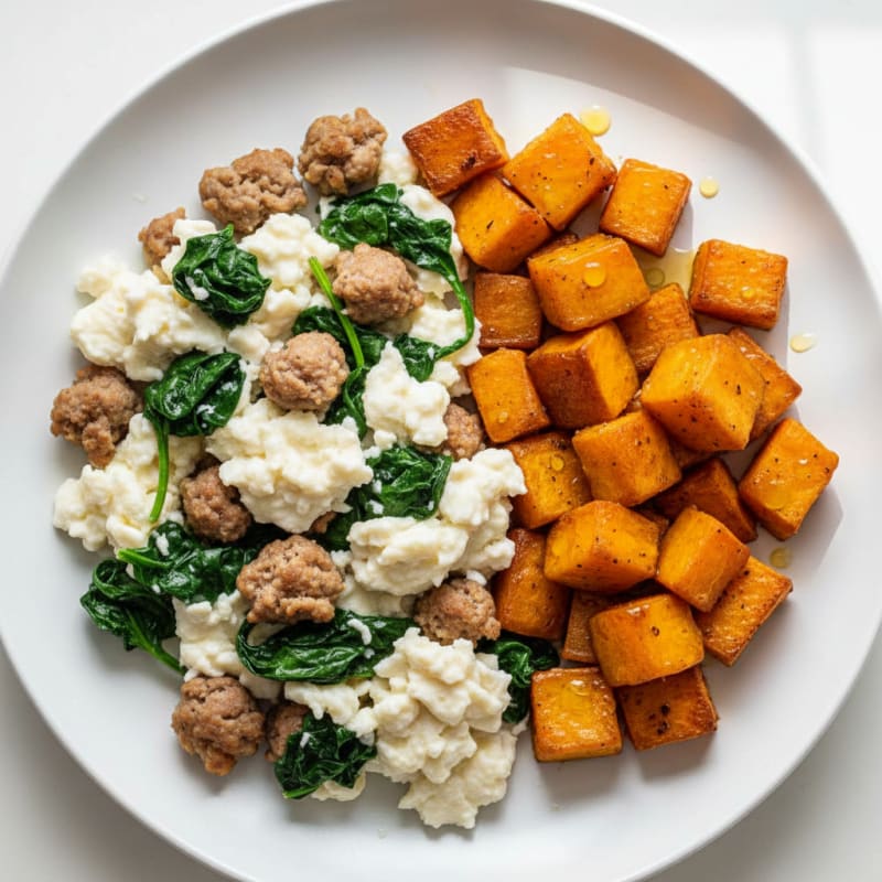 Egg White and Turkey Sausage Scramble with Spinach and Roasted Sweet Potato