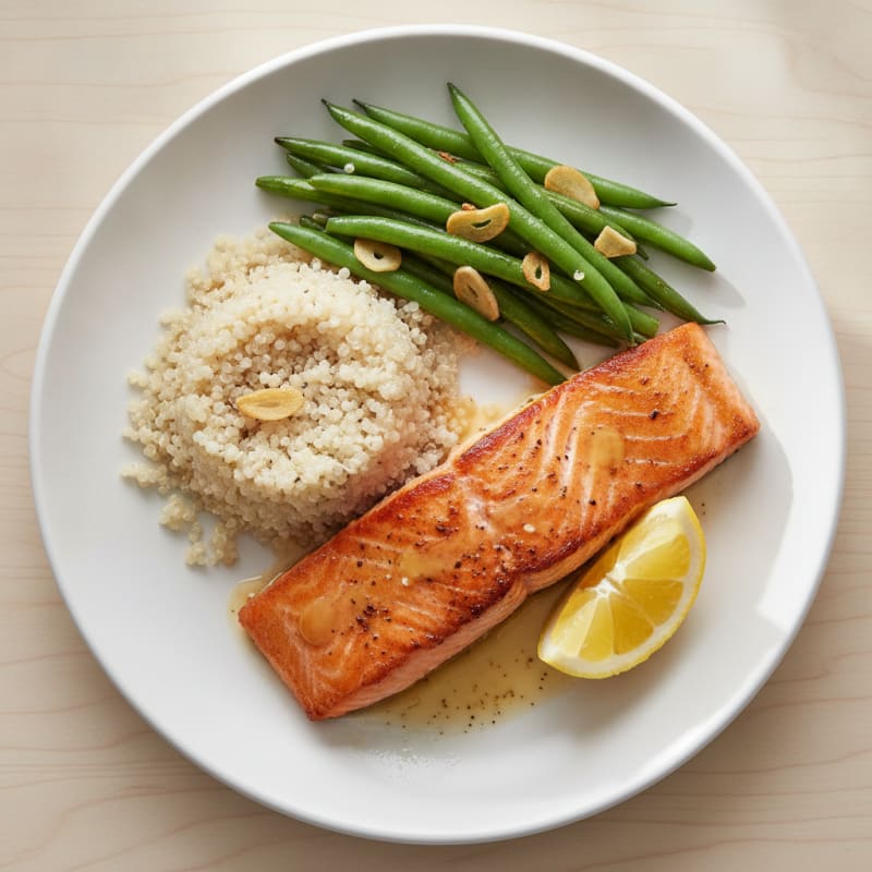 Seared Salmon Fillet with Garlic Green Beans and Quinoa