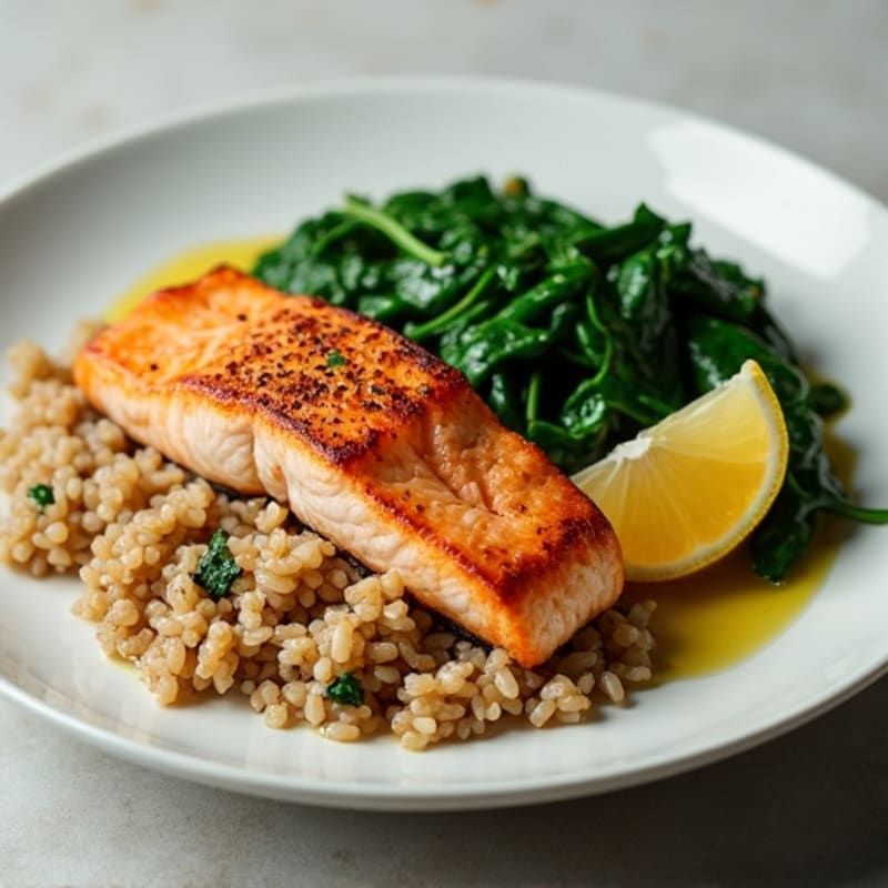Seared Salmon with Garlic Spinach and Brown Rice