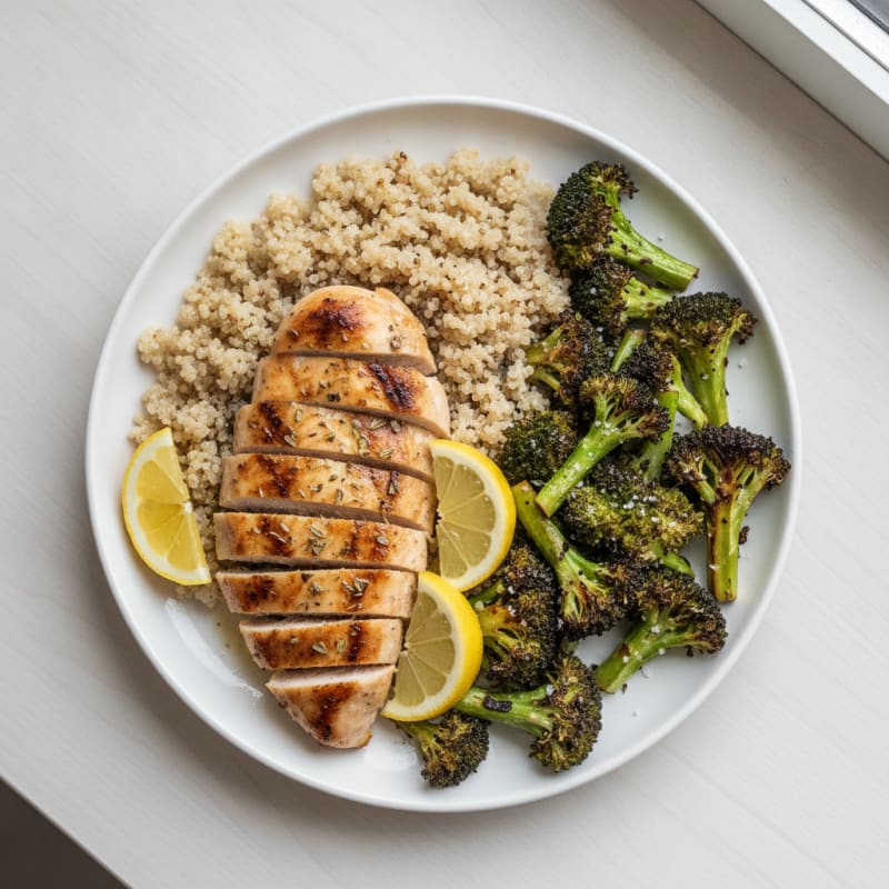 Grilled Lemon Herb Chicken Breast with Quinoa and Roasted Broccoli
