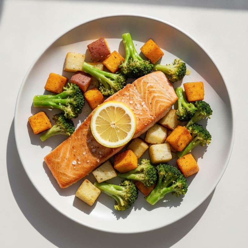 Seared Salmon with Roasted Japanese Sweet Potato and Broccoli