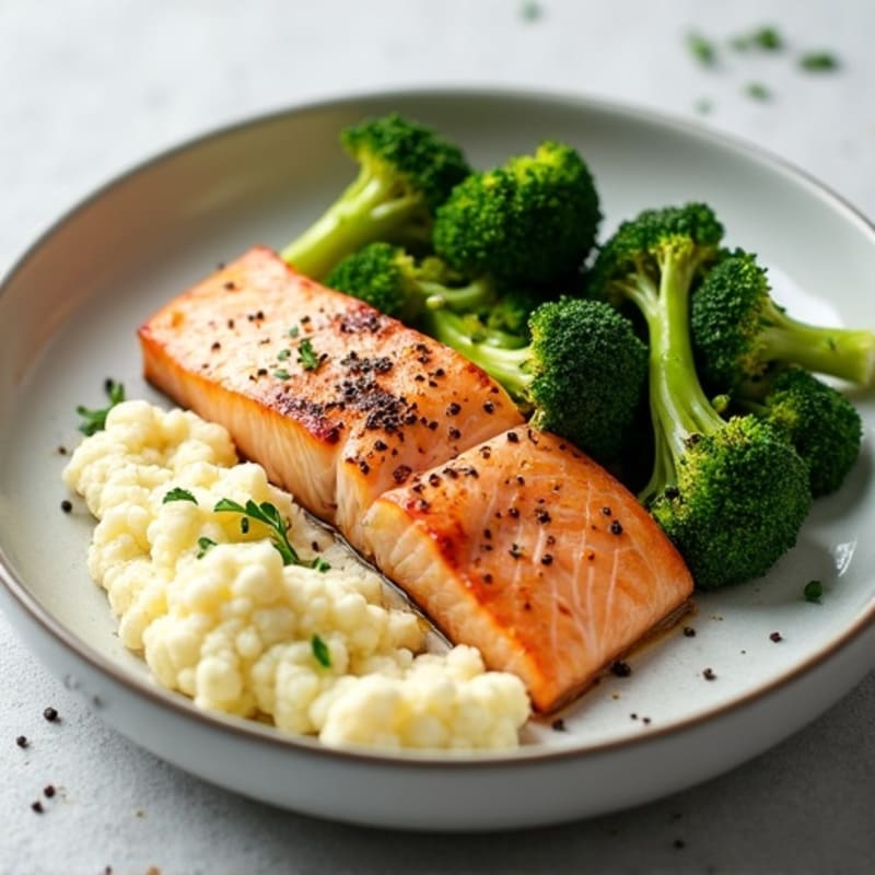 Seared Salmon with Roasted Broccoli and Garlic Mashed Cauliflower