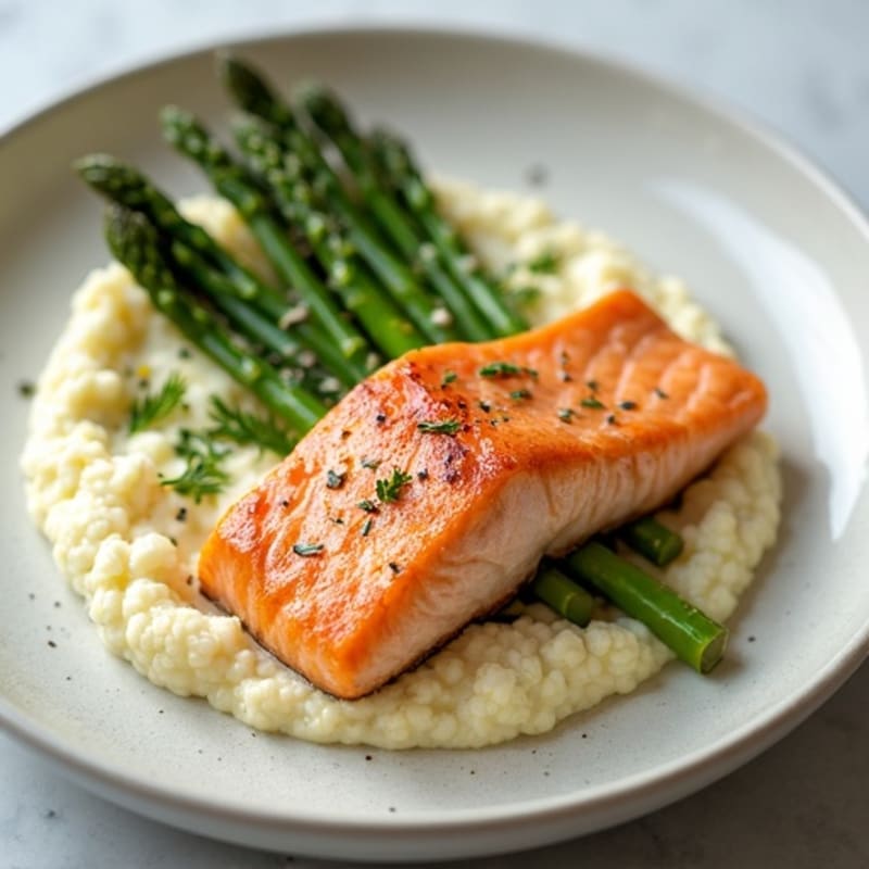 Seared Salmon with Steamed Asparagus and Garlic Cauliflower Mash