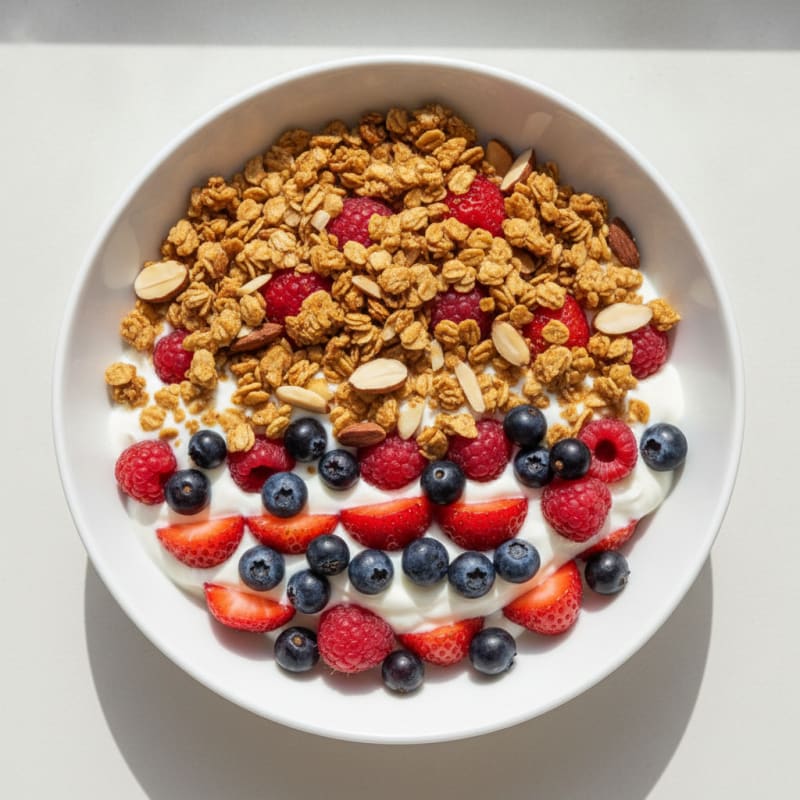 Greek Yogurt Parfait with Crunchy Almond Granola and Mixed Berries