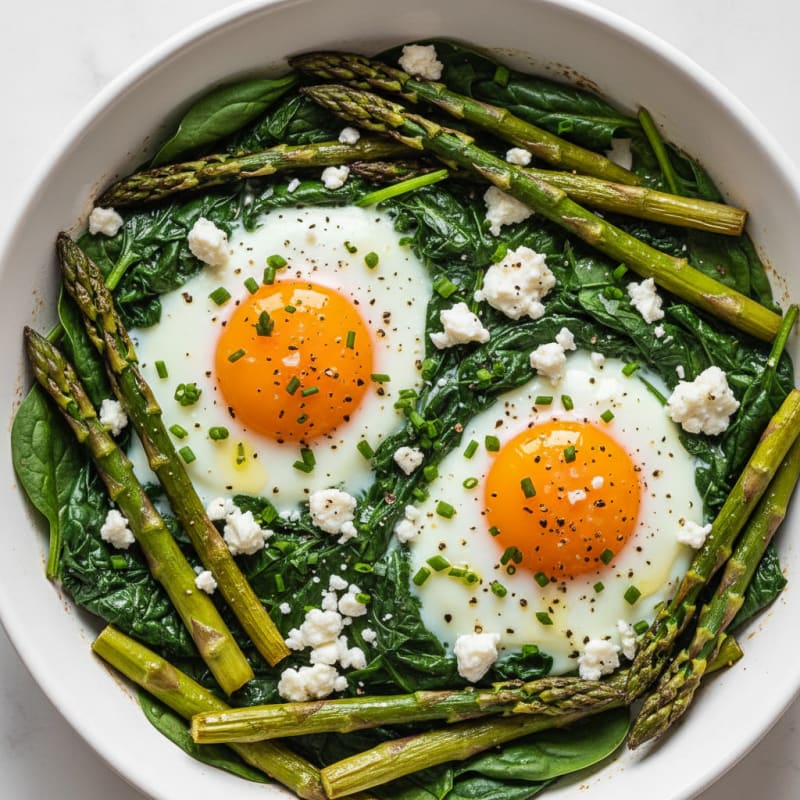 Baked Eggs with Roasted Asparagus and Spinach
