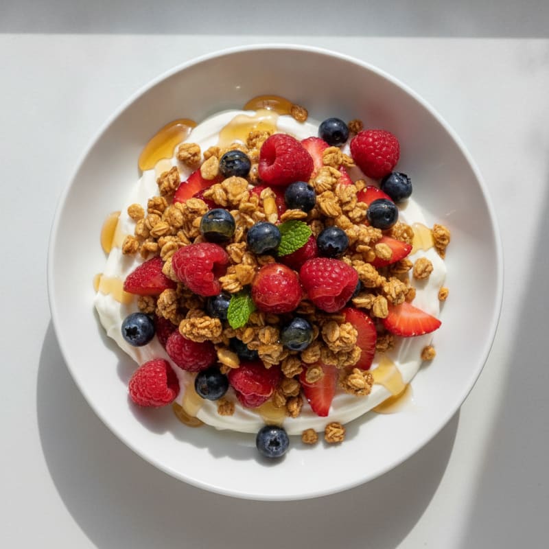 Greek Yogurt Parfait with Crunchy Almond Granola and Mixed Berries