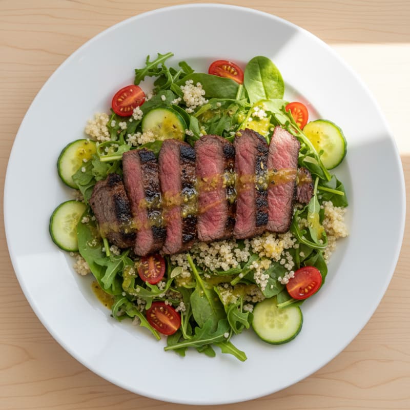 Grilled Beef Steak Salad with Mixed Greens and Quinoa