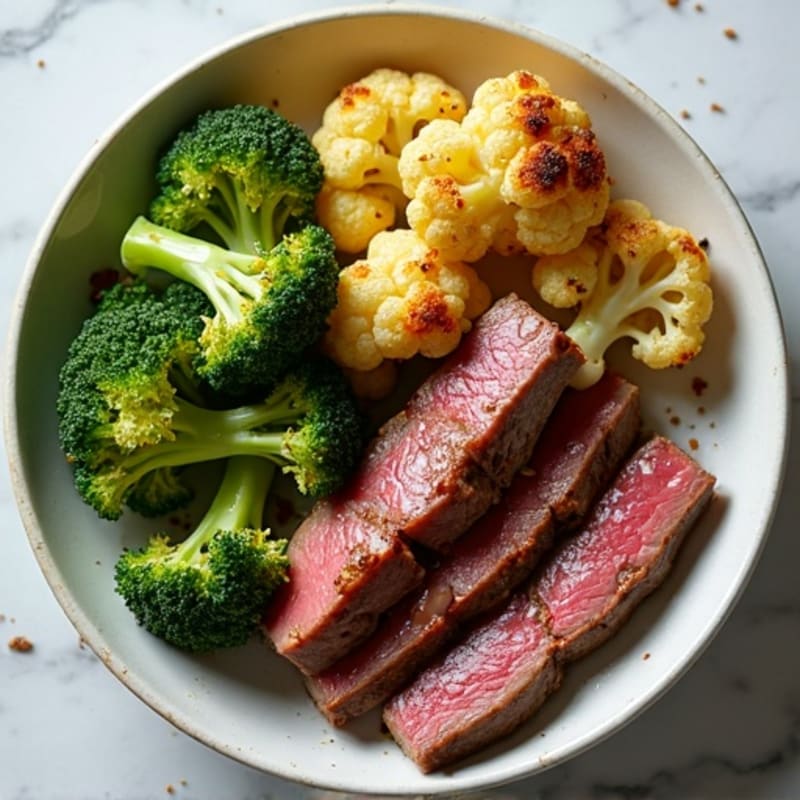 Seared Lean Beef Strips with Roasted Broccoli and Cauliflower