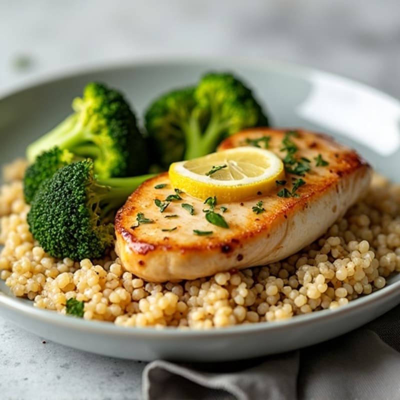Lemon Garlic Pan-Seared Chicken with Roasted Broccoli and Quinoa